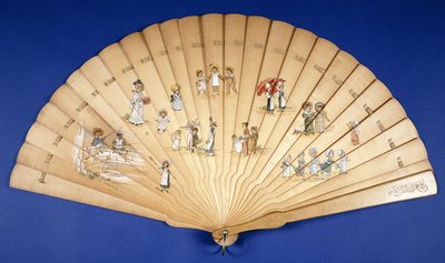 Çeşitli arayışlarda olan çocuk gruplarıyla renklere boyanmış büyük bir ahşap Brise yelpazesi, by Kate Greenaway