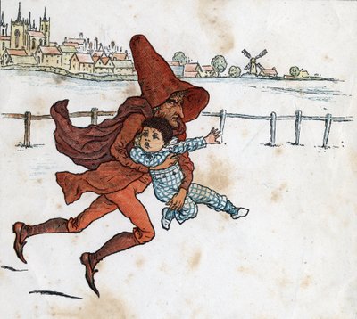 Bir cüce küçük bir çocuğu alır. Edmund Evans tarafından düzenlenen “Pencerenin Altında” (1879) adlı çocuk hikaye kitabından Kate Greenaway (1846-1901) çizimi. by Kate Greenaway