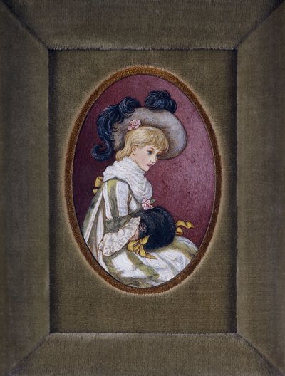 Elleri manşonunun içinde tüylü bir şapka takan sarışın bir kızın oval portresi by Kate Greenaway