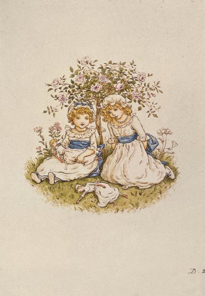 Bir gül çalısının altında oturan oyuncak bebekli iki kız, 19. yüzyıl by Kate Greenaway