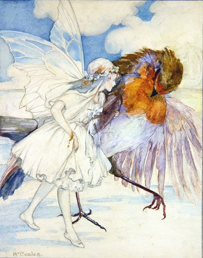 Horoz Robin ve Çiçek Perisi (kalem ve kağıt üzerine sulu boya) by Kathleen Wallis Coales