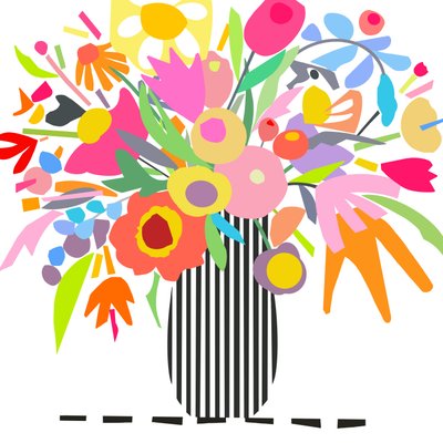 Çiçekler ve çizgiler 1, 2024 (ahşap panel üzerine orijinal kolajdan dijital illüstrasyon) by Kathy Dunaway