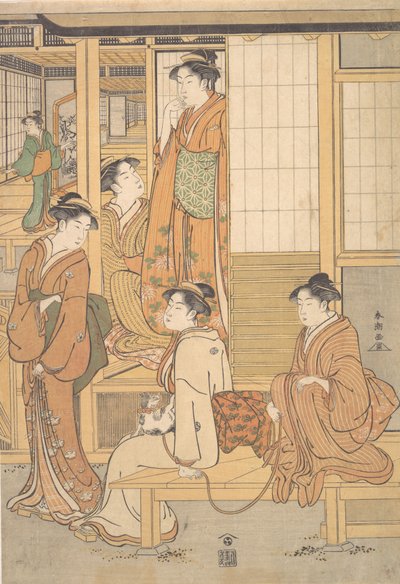 Bir Çay Evinin Verandasında Genç Kadınlar Grubu, 18. yüzyılın sonlarında. by Katsukawa Shuncho