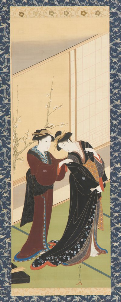 İç mekan: Bir kızın giyinmesine yardım eden bir kadın, Edo dönemi, 1726-1792. by Katsukawa Shuncho