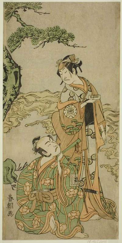 Aktörler Nakamura Nakazo I Matsukaze olarak (sağda) ve Ichikawa Komazo I Yukihira olarak (solda), Play Kuni no Hana Ono no Itsumoji