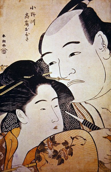 Japon güreşçi Onagawa ve çayevi kızı Ohisa, c.1792 (tahta baskı) by Katsukawa Shuncho
