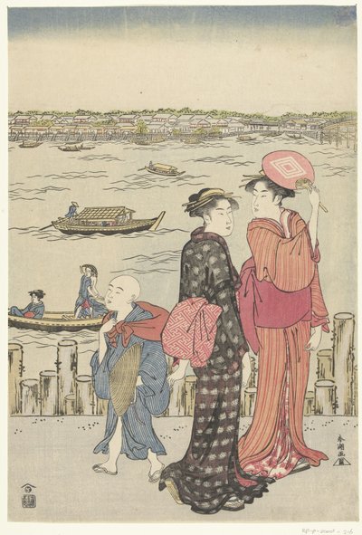 Nehir kenarındaki rıhtımda iki kadın ve bir erkek çocuk. by Katsukawa Shuncho