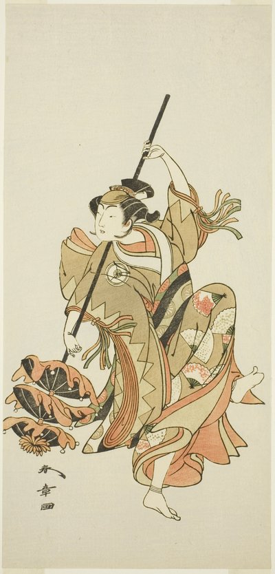 Aktör Iwai Hanshiro IV, “Flower of Japan: Ono no Komachi's Five Characters”de (“Kuni no Hana Ono no Itsumoji”) Üçlü Şemsiye Dansı Yapıyor by Katsukawa Shunsho