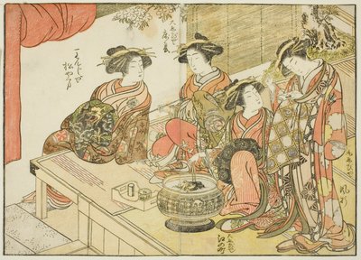 "Zevk Alanlarının Güzel Kadınlarının Aynası (Seiro bijin awase sugata kagami)" kitabından çeşitli evlerin dört cariyesi, cilt. 3 by Katsukawa Shunsho