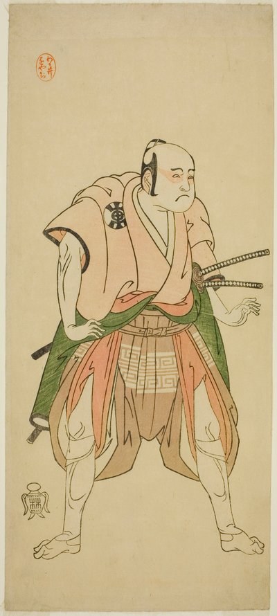 Aktör Bando Sampachi I, Play Shuen Soga Omugaeshi'de (?) Yawata no Saburo (?) rolünde, Ichimura Tiyatrosu'nda (?) İkinci Ayda Gösterilen, 1768 (?) by Katsukawa Shunsho