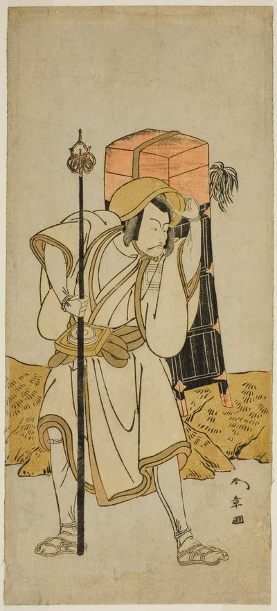 Moriya no Daijin rolündeki Aktör Ichikawa Danjuro V, Play Miya-bashira Iwao no Butai'de Rokuju-rokubu kılığında, Morita Tiyatrosu'nda Yedinci Ay'da Sahnelendi, 1773 by Katsukawa Shunsho