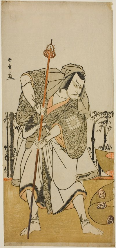 Aktör Ichikawa Danjuro V Taira no Masakado rolünde Masakado Kammuri no Hatsuyuki Oyununda Hacı Junjo kılığında, Nakamura Tiyatrosu