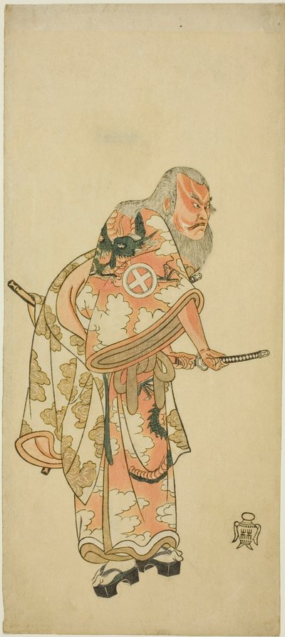 Aktör Otani Hiroemon III, "Hitokidori Harutsuge Soga" oyunundaki "Sukeroku" sahnesinde Hige no Ikyu rolünde ("The Soga Play: Bush Warbler tarafından Bahar Sezonunun Duyurusu") by Katsukawa Shunsho