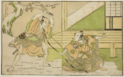 Aktörler Arashi Sangoro II, Hojo Tokiyori (sağda) ve Otani Hiroji III olarak Koga Saburo (solda), Play Kono Hana Yotsugi no Hachi no Ki, Ichimura Tiyatrosu