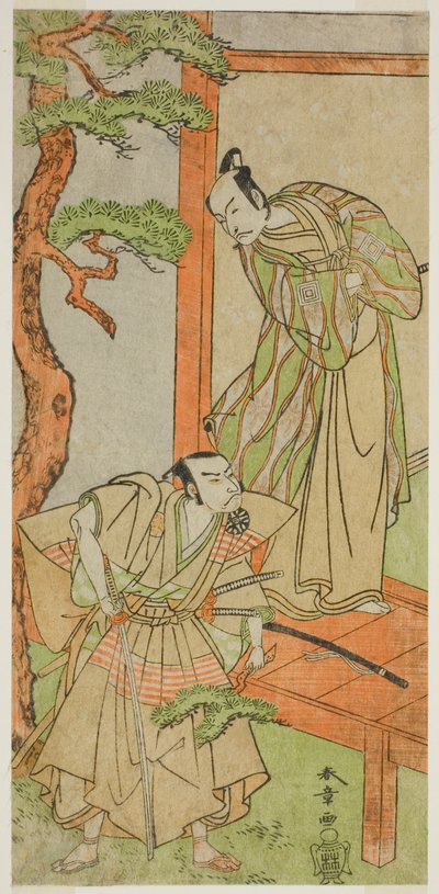 Aktörler Ichikawa Danjuro V Momonoi Wakasanosuke olarak (sağda) ve Nakamura Nakazo I Kakogawa Honzo olarak (solda), Play Kanadehon Chushingura