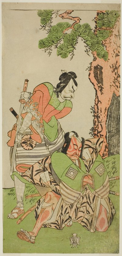 Aktörler Ichikawa Danzo III, I no Hayata Tadazumi olarak (sağda) ve Matsumoto Koshiro II, Osada no Taro Kagemune olarak, Play Nue no Mori Ichiyo no Mato