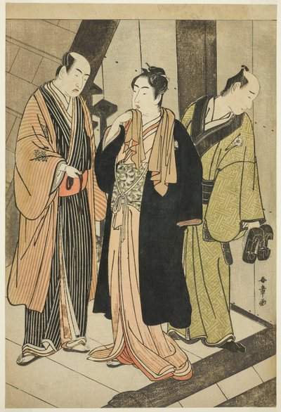 Aktörler Ichikawa Monnosuke II (solda), Iwai Hanshiro IV (ortada) ve Iwai Karumo (?) (sağda), bir Sahne Arkasında by Katsukawa Shunsho