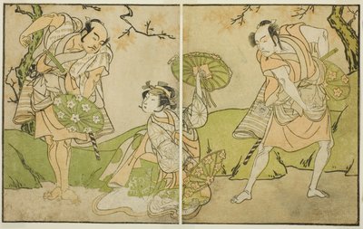 Myoto-giku Izu no Kisewata Oyunundaki Tanımlanamayan Rollerdeki Aktörler Ichikawa Somegoro (sağda), Segawa Kikunojo II (ortada) ve Bando Sampachi (solda), Onbirinci Ayda Ichimura Tiyatrosunda Gösterilen, 1770 by Katsukawa Shunsho