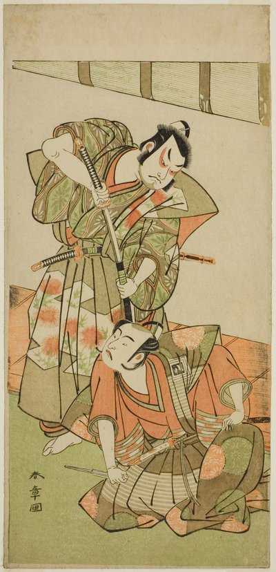 Aktörler Ichikawa Yaozo II, Konoshita Hyokichi (?) (Sağ) ve Sakata Hangoro II, Matsunaga Daizen Hisahide (?) (Sol), Play Gion Sairei Shinko Ki (?), Ichimura Tiyatrosu'nda (?) Beşinci Ay, 1775 (?) by Katsukawa Shunsho