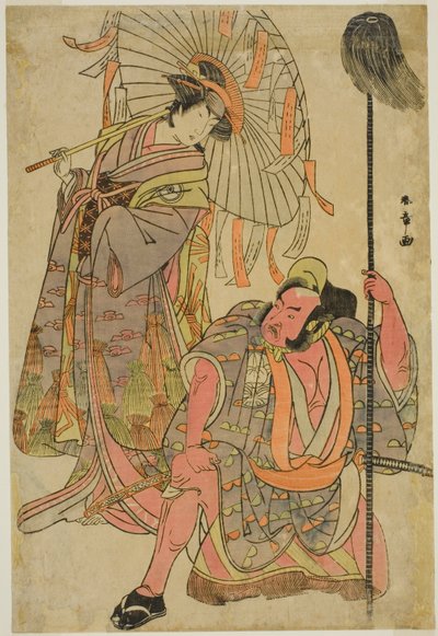 Aktörler Ichimura Uzaemon IX Hata no Daizen Taketora olarak Yakko Matahei kılığında (sağda) ve Umegae olarak Iwai Hanshiro IV Şiir-Kahin Omatsu Kılığında (solda), Play Mukashi Otoko Yuki no Hinagata, Ichimura Tiyatrosu