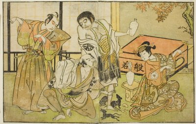 Aktörler Iwai Hanshiro IV, Otatsu-gitsune olarak, Nakamura Nakazo I Raigo Ajari olarak, Sakata Tojuro III, Kamada Gon-no-kami Masayori olarak ve Ichikawa Yaozo II, Sakon-gitsune olarak (sağdan sola), "Nue no Mori" oyununda Ichiyo no Mato, "Nakamura T