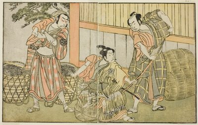 Aktörler Kasaya Matakuro II, Hagun Taro (sağda), Ichikawa Monnosuke II, Izutsu no Suke Narihira (ortada) ve Nakamura Nakazo I, Kose no Kanaoka olarak Kömür Yapıcı Sogoro kılığında, Play Kuni no Hana Ono no Itsumoji, Gerçekleştirildi Naka
