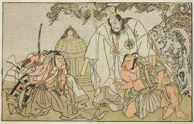 Aktörler Nakajima Mihoemon II, Aramaki Mimishiro (sağda), Matsumoto Koshiro II, Otomo no Yamanushi (ortada) ve Ichikawa Danzo III, Hannya no Goro (solda), Play Kuni no Hana Ono no Itsumoji, Nakamura Tiyatrosu'nda sahnelendi on birincide by Katsukawa Shunsho