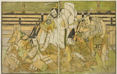 Aktörler Nakamura Denkuro II Seno-o Taro olarak, Ichikawa Komazo II Yorimasa olarak, Nakamura Nakazo I Taira no Kiyomori olarak ve Ichikawa Danjuro V Kiou Takiguchi olarak (sağdan sola), Play Nue no Mori Ichiyo no Mato