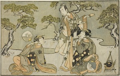 Aktörler Nakamura Nakazo I Matsukaze olarak (sağda), Ichikawa Komazo II Ariwara no Yukihira olarak (ortada) ve Iwai Hanshiro IV Murasame olarak (solda), Play Kuni no Hana Ono no Itsumoji, On birinci sırada Nakamura Tiyatrosu