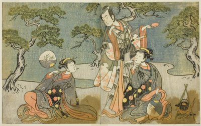 Aktörler Nakamura Nakazo I Matsukaze olarak (sağda), Ichikawa Komazo II Ariwara no Yukihira olarak (ortada) ve Iwai Hanshiro IV Murasame olarak (solda), Play Kuni no Hana Ono no Itsumoji, On birinci sırada Nakamura Tiyatrosu