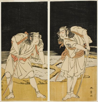 Aktörler Nakamura Nakazo I, Omi no Kotoda olarak (sağda) ve Otani Hiroji III, Bamba no Chuda olarak (solda), Joruri "Sono Chidori Yowa no Kamisuki"de (Plovers: Gece Yarısında Saç Tarama), İkinci Bölümden O-atsurae-zome Soga no Hinagata (A Soga P) oyna by Katsukawa Shunsho