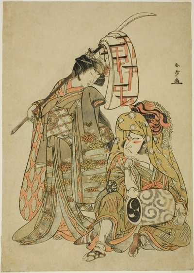 "Myoto-zake Kawaranu Nakanaka" Dans Dizisinde Aslan Dansçısı Kakubei (Kakubei-jishi) (sağda) ve Segawa Kikunojo III (solda) olarak Onmaya Kisanda olarak Aktörler Nakamura Nakazo ) Kupa), t