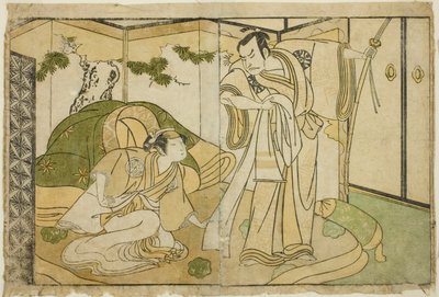 Aktörler Nakamura Nakazo I Taira no Kiyomori olarak (sağda) ve Yamashita Kinsaku II Tokiwa Gozen olarak (solda), Play Nue no Mori Ichiyo no Mato, Nakamura Tiyatrosu