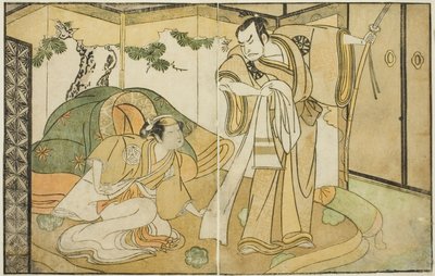 Aktörler Nakamura Nakazo I Taira no Kiyomori olarak (sağda) ve Yamashita Kinsaku II Tokiwa Gozen olarak (solda), Play Nue no Mori Ichiyo no Mato, Nakamura Tiyatrosu