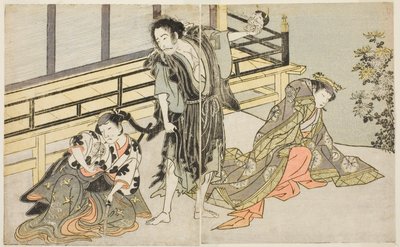 Aktörler Nakamura Noshio I, Nyosan no Miya (sağda), Ichikawa Danjuro V, Dönek Keşiş Yochin (ortada) ve Hizmetçi Mutsuhana olarak Yamashita Kinsaku II (solda), Play Fuki Kaete Tsuki mo Yoshiwara, Morita