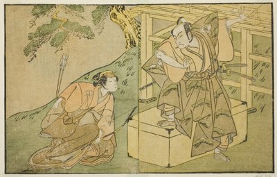 Aktörler Onoe Matsusuke I Akaboshi Taro olarak (sağda) ve Azuma Tozo II Shirotae olarak (solda), Play Kono Hana Yotsugi no Hachi no Ki, Ichimura Tiyatrosu