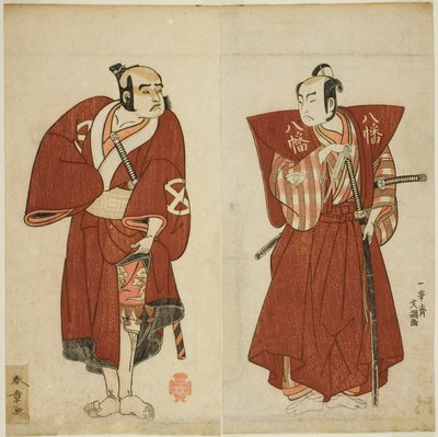 Aktörler Onoe Matsusuke I, Yawata no Saburo (sağda) ve Otani Tomoemon I, Yakko Emohei (solda), Play Myoto-giku Izu no Kisewata