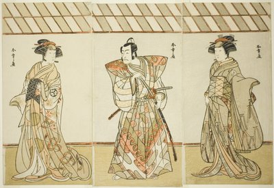 Oyuncu Onoe Tamizo I, Nishikigi (?) Veya Otae (?) (Sağ), Miura Heidayu Kunitae (?) (Orta) olarak Ichikawa Danjuro ve Osagawa Tsuneyo II, Oyuki (?) (Sol) olarak, Play Date Nishiki Tsui no Yumitori (?), Morita Tiyatrosu