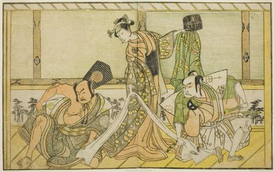 Oyuncu Otani Hiroji III, Kawazu no Saburo (sağda), Segawa Kikunojo II, Prenses Tatsu (Tatsu Hime) (ortada) ve Nakamura Sukegoro II, Matano no Goro (solda), Play Myoto-giku Izu no Kisewata, Gerçekleştirildi Elvent