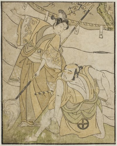 Aktörler Otani Tomoemon I Emohei olarak (sağda) ve Sanogawa Ichimatsu II Sanada Yoichi olarak (solda), Play Myoto-giku Izu no Kisewata