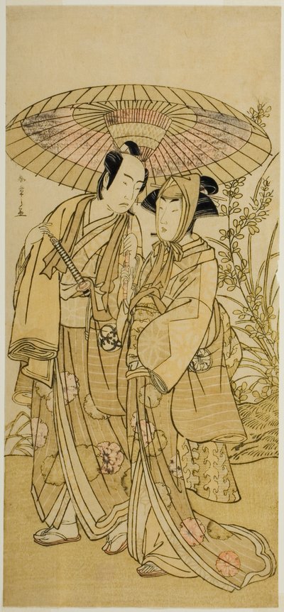 Aktörler Segawa Kikunojo III (sağda) Ochiyo olarak ve Bando Mitsugoro I (solda) Manav Hambei olarak, Play Kabuki no Hana Bandai Soga
