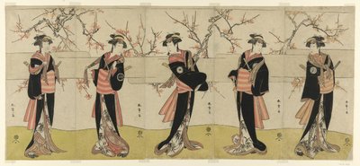 Aktörler Karigane Obun olarak Segawa Kikunojo III, An no Oyasu olarak Nakayama Tomisaburo I, Kaminari no Osha olarak Iwai Kiyotaro, Gokuin no Osen olarak Nakayama Tatezo I ve Hotei no Oichi olarak Ichikawa Monnosuke II (sağdan sola), "Gonin Onna, "Sahne Bi by Katsukawa Shunsho