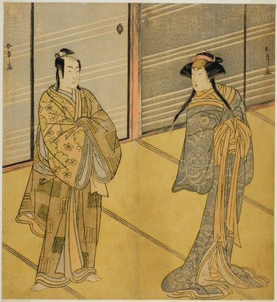 Aktörler Joro-gumo'nun Ruhu olarak Segawa Kikunojo III (Harlot Örümcek) Maiko Tsumagiku kılığında (sağda) ve Ichikawa Monnosuke II, Urabe no Suetake olarak (solda), Play Shitenno Tonoi no Kisewata, Nakamura Tiyatrosu'nda sahnelendi onbirde by Katsukawa Shunsho