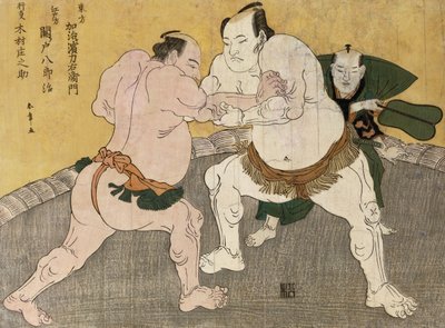 Kimenzan Tanigoro ve Edogasaki Gemji arasındaki Güreş Maçı (renkli tahta baskı) by Katsukawa Shunsho