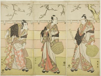 Üç Komuso Keşişi: Oyunun Altıncı Perdesinde Kudo Suketsune (sağda) olarak Aktörler Ichikawa Ebizo (Danjuro V), Soga no Juro Sukenari (ortada) Ichikawa Monnosuke II ve Soga no Goro Tokimune (solda) Ichikawa Omezo I Waka Murasaki Edokko Soga (Soluk Mor) by Katsukawa Shunsho
