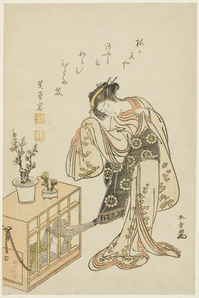 Kafesteki Maymunlu Genç Kadın (Yeni Yıl 1776 Takvim Baskısı) by Katsukawa Shunsho