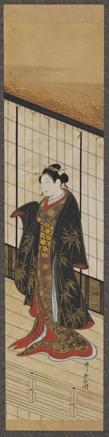 İkinci kat balkonunda duran kadın, Edo dönemi, 18. yüzyılın ortaları. by Katsukawa Shunsui
