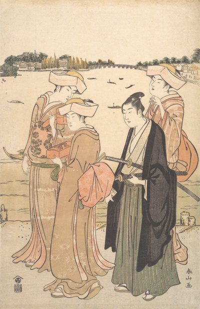 Genç Bir Samuray ve Üç Kadın, yak. 1789. by Katsukawa Shunzan