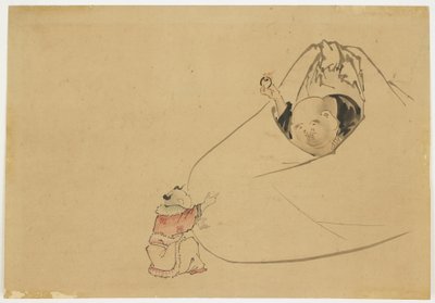 Küçük Bir Çocuğa Alevli Mücevher Sunan Hotei, c.1850 (kağıt üzerinde mürekkep ve renk) by Katsushika (school of) Hokusai
