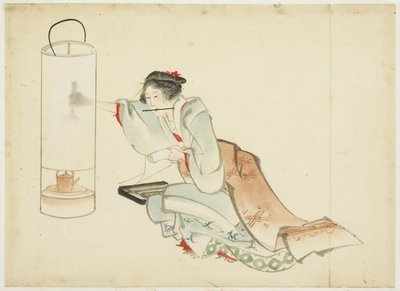 Lamba Ayarlayan Hanım, c.1815-1849 (kağıt üzerine mürekkep ve renk) by Katsushika (school of) Hokusai